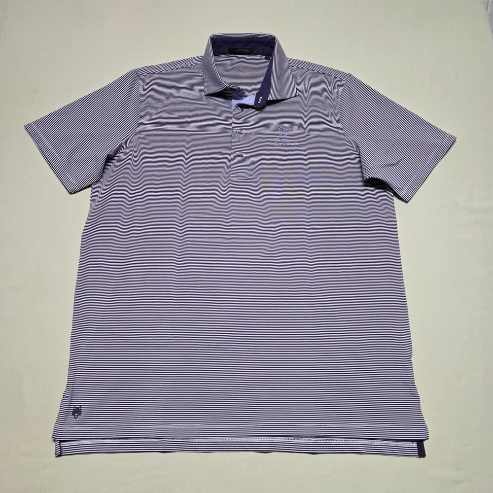Greyson Men Purple White Striped Toscana Golf Polo Shirt Size Large Short Sleeve